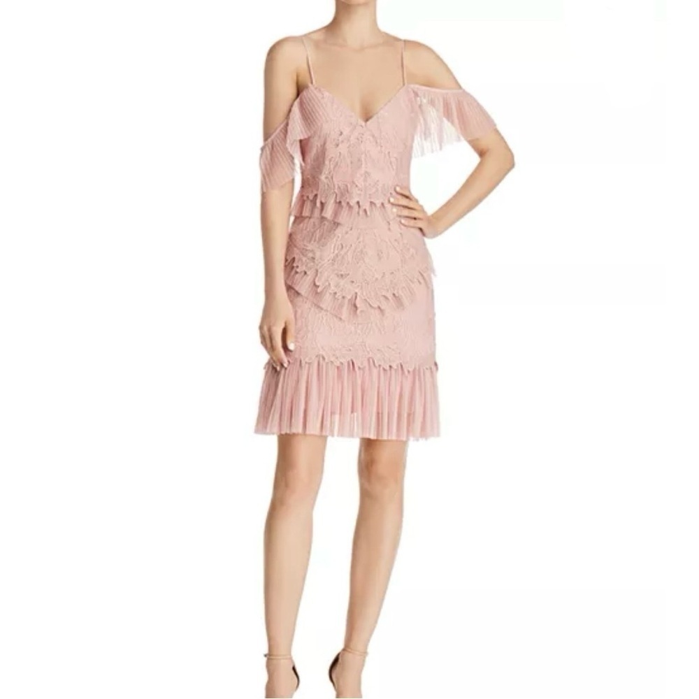 Bardot Valorie Lace Tulle Dress Women’s Size 8/M Pleated Tiered Pink Sheath